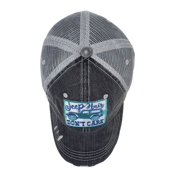 Distressed Gray "Jeep Hair Don't Care" Mesh Trucker Hat By Katydid Adjustable - Picture 6 of 10